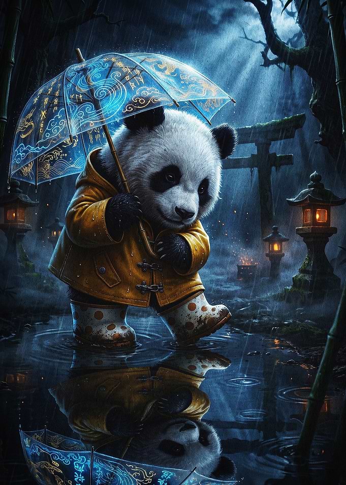 Panda Umbrella Rain Fantasy Art