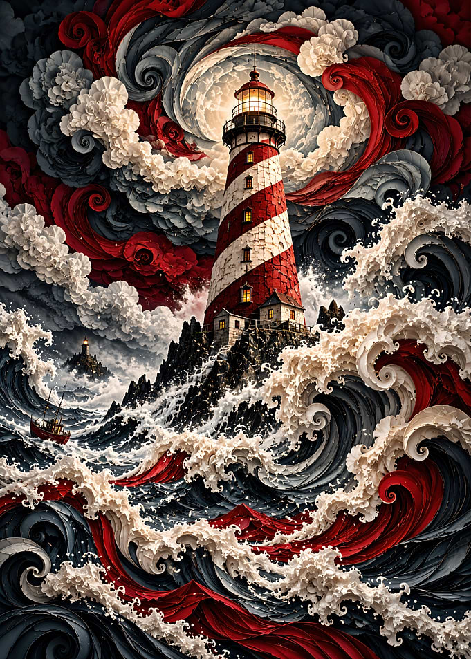 Red and White Lighthouse Storm Art