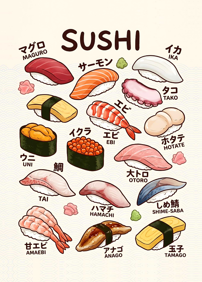 Japanese Sushi Varieties Illustrated Guide Poster