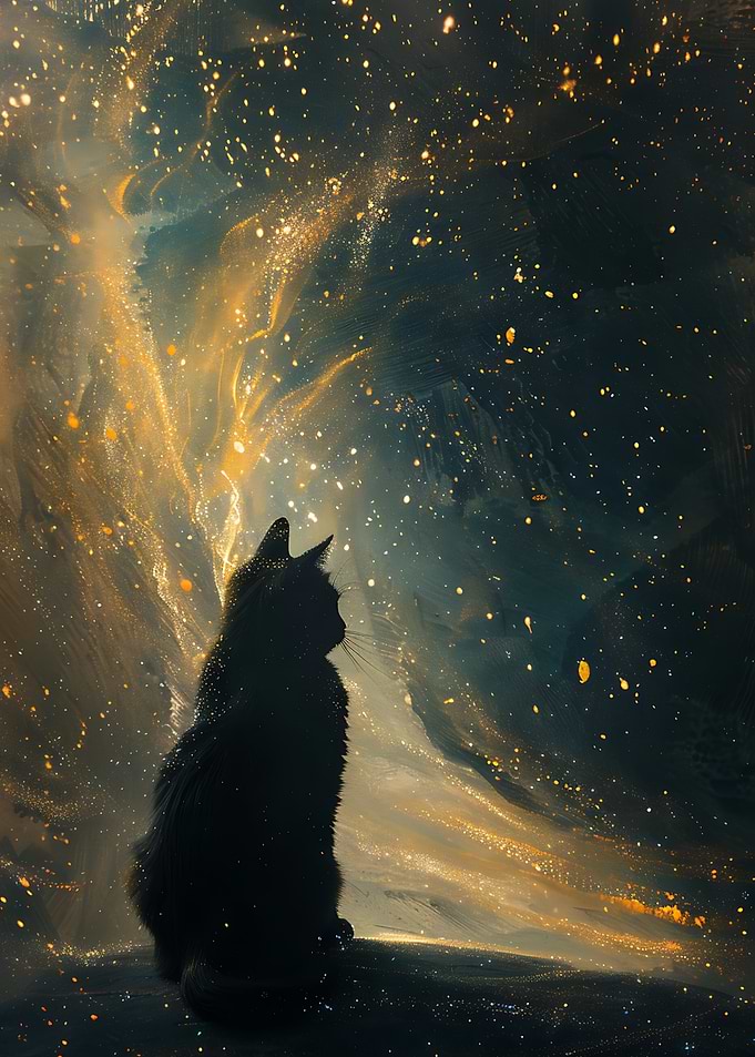 Black Cat Watching Golden Stardust