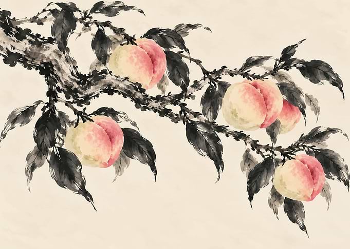 Traditional Ink Wash Peach Branch Painting