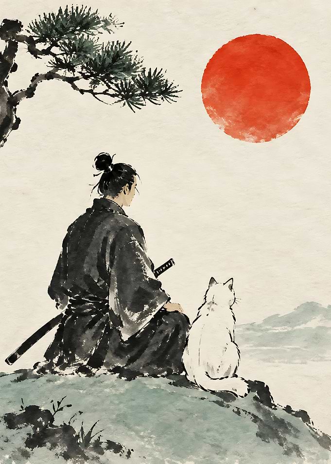Samurai and Cat Watching Red Sun