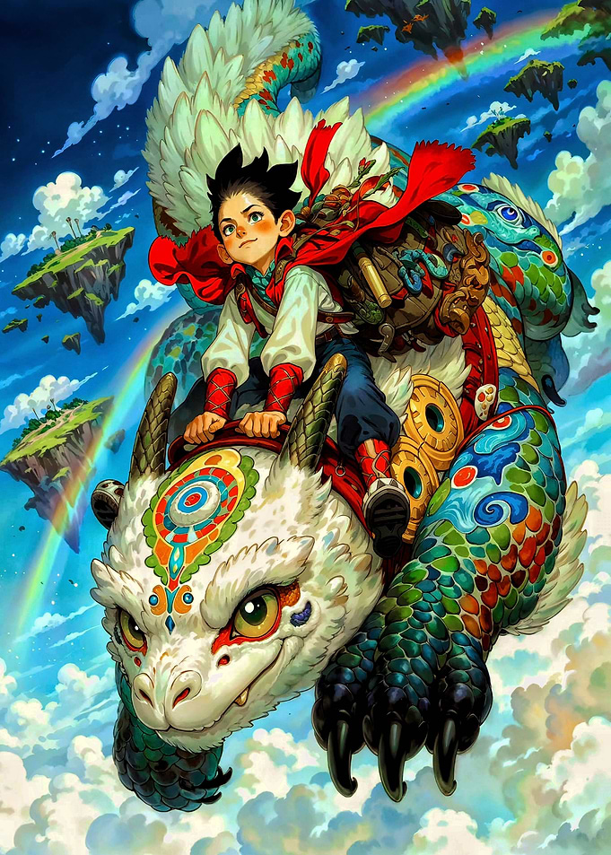 Boy Riding Colorful Fantasy Dragon