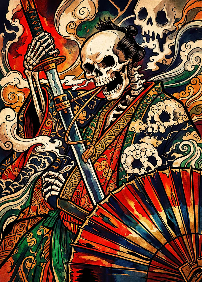 Skeleton Samurai with Katana and Umbrella