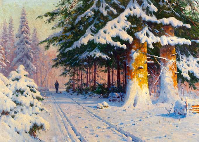 Hunter Returning Home in Winter Woodland Landscape Painting
