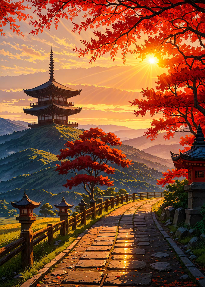Japanese Temple at Sunset Autumn Valley Landscape