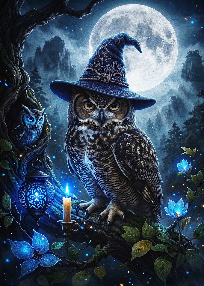 Wise Owl Witch Hat Fantasy Art