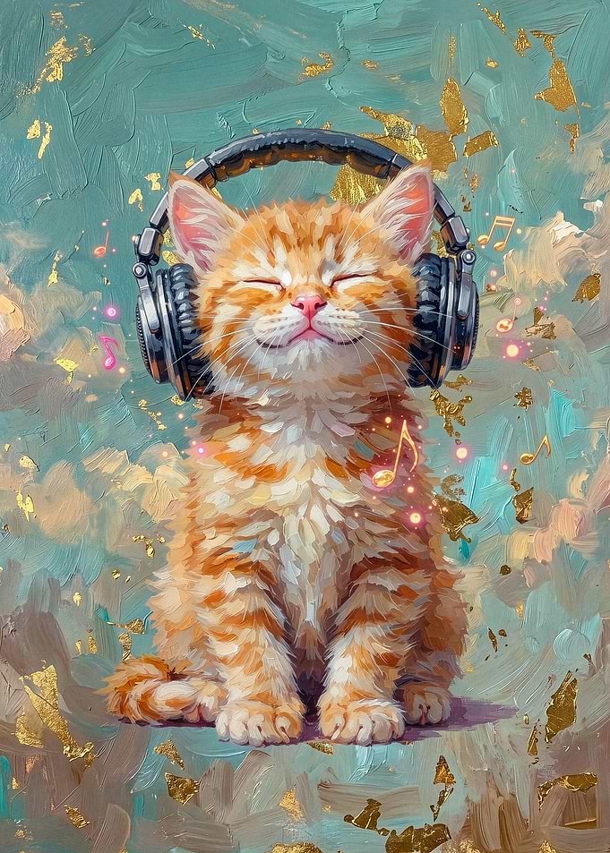 Cute Ginger Kitten Listening to Music