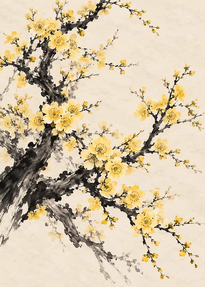 Traditional Ink Wash Yellow Plum Blossoms