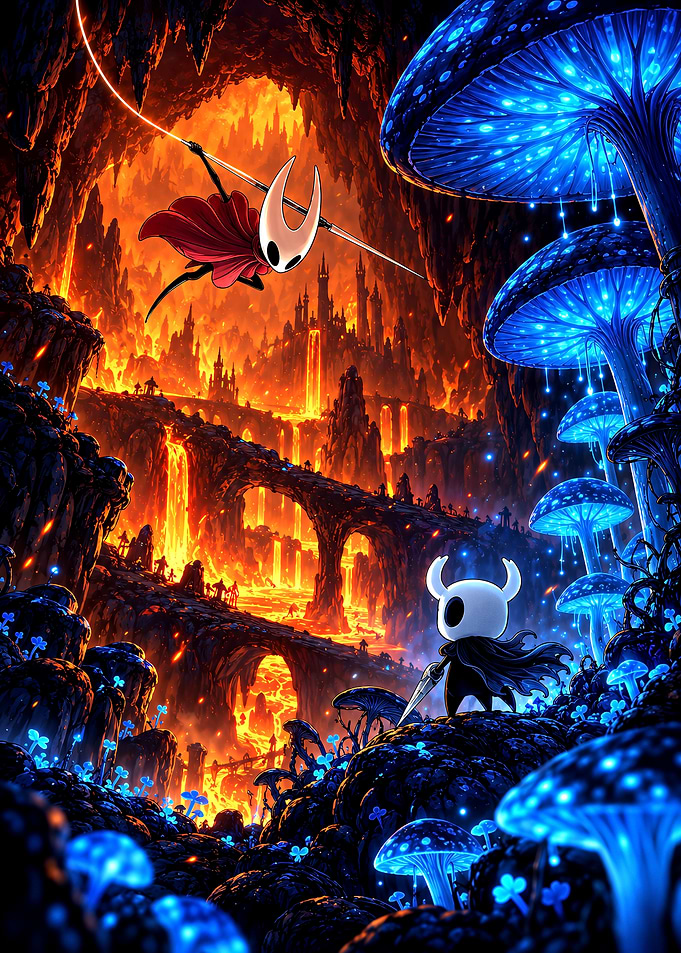 Hollow Knight Characters in Bioluminescent Cave
