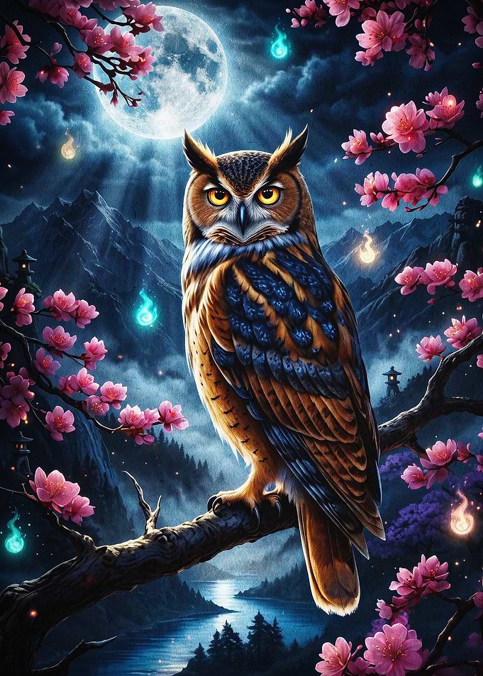 Owl Cherry Blossom Fantasy Art