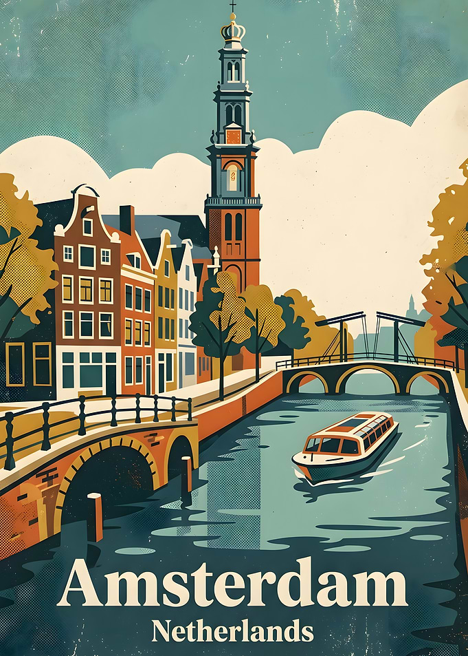 Vintage Amsterdam Canal Travel Poster