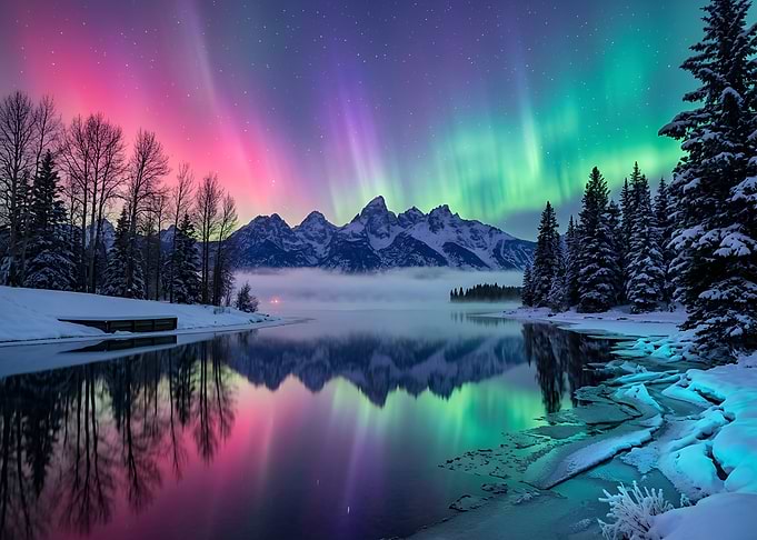 Aurora Borealis Over Snowy Mountains Nature