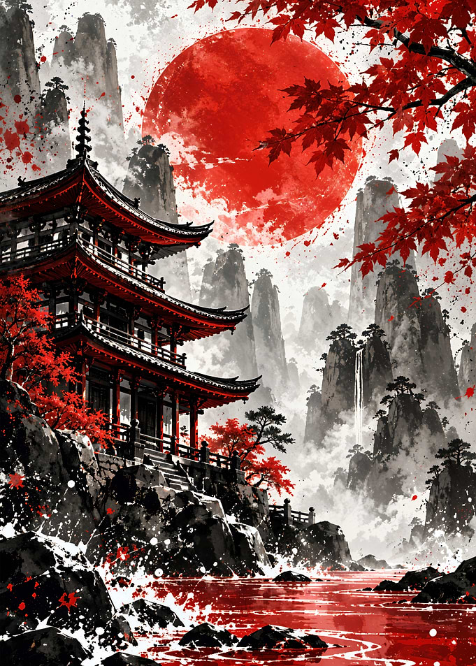Traditional Japanese Pagoda with Red Moon