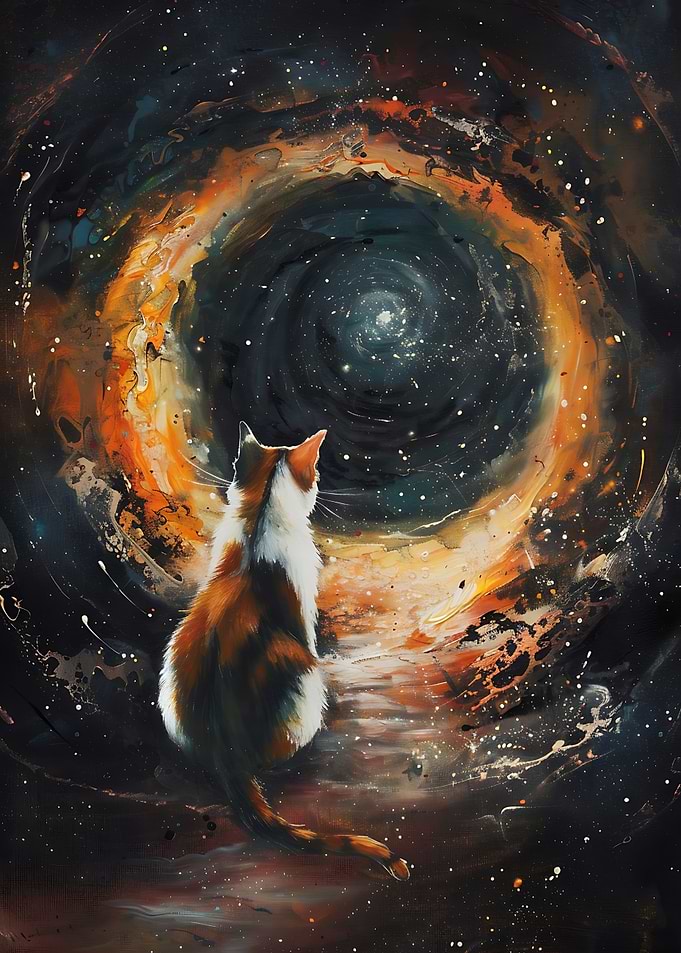 Calico Cat Watching a Cosmic Vortex