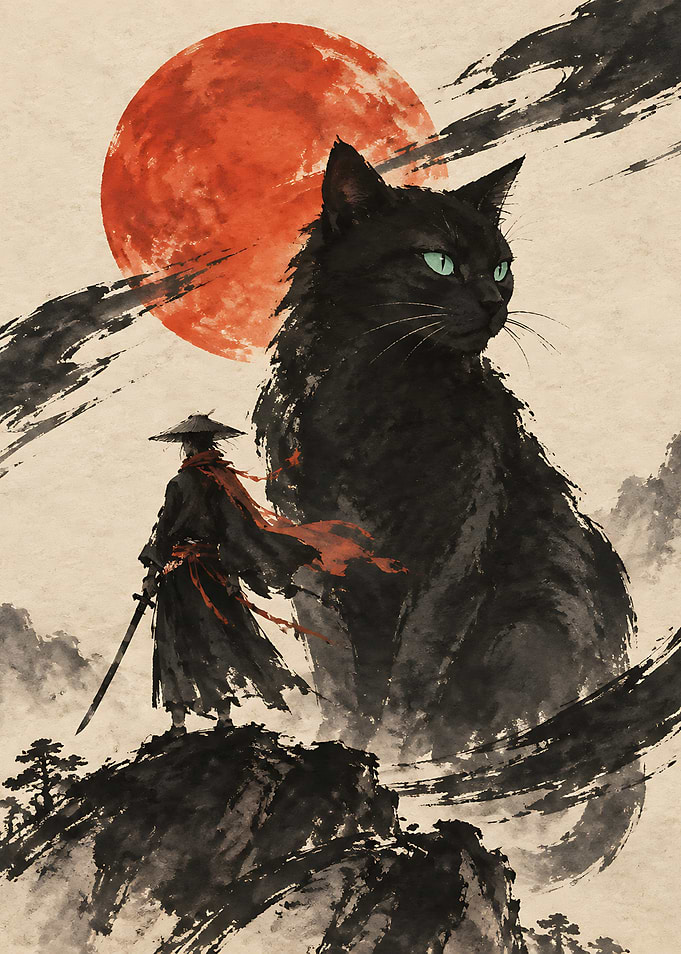 Samurai and Giant Black Cat