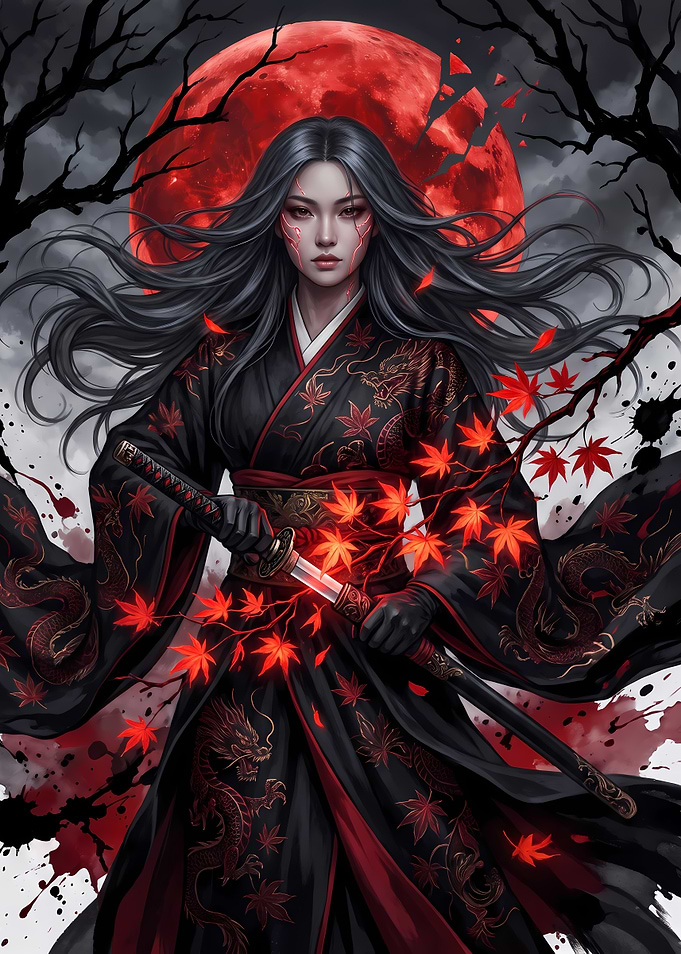 Samurai Woman with Red Moon