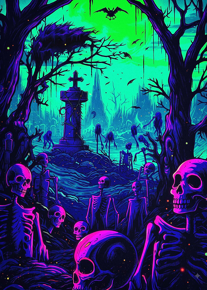 Neon Graveyard Gothic Art Poster