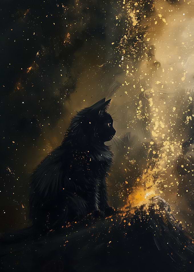 Mystical Black Cat in Golden Stardust