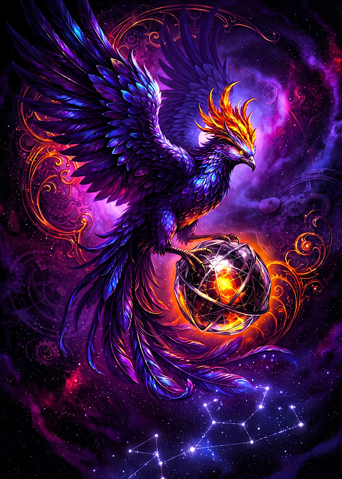 Cosmic Phoenix Holding Celestial Orb