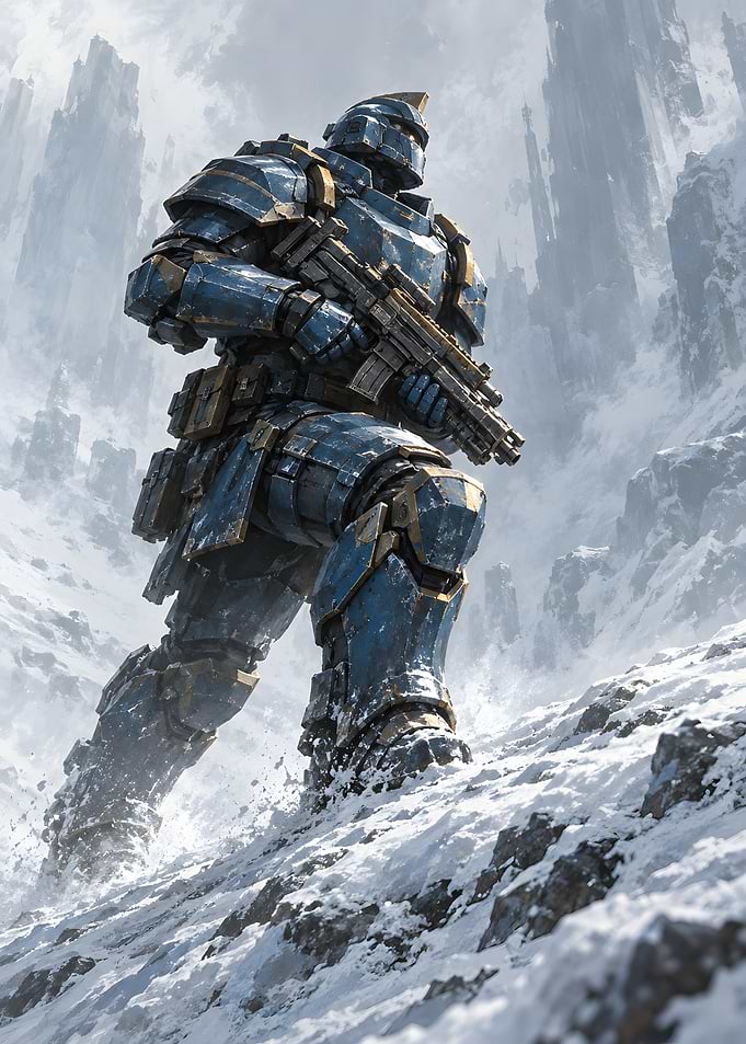 Armored Soldier in Snowy Mountains