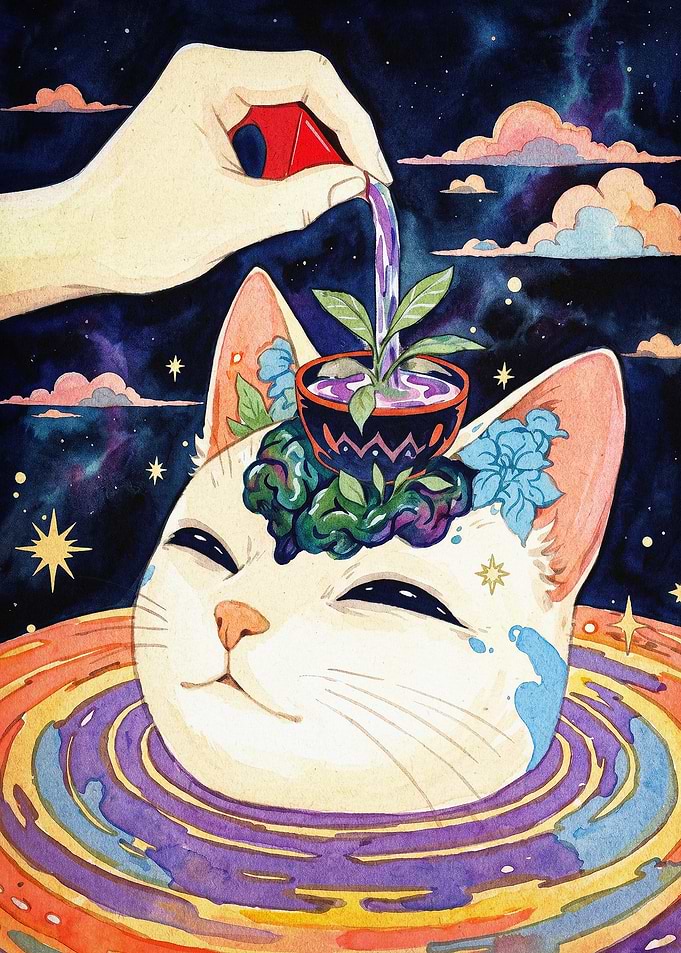 Cosmic Cat Plant Watercolor Art