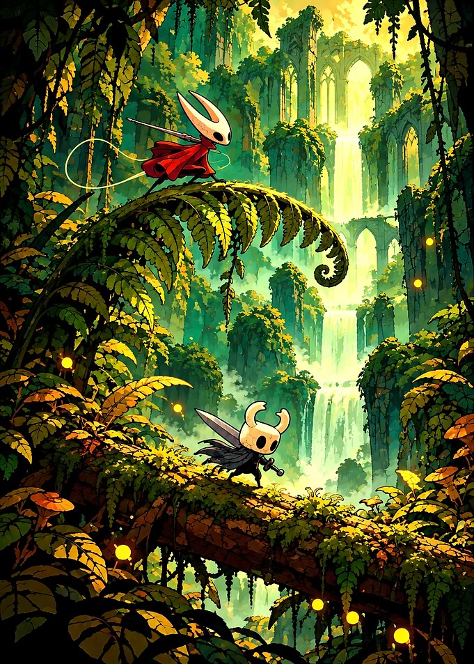 Hollow Knight and Hornet in Greenpath