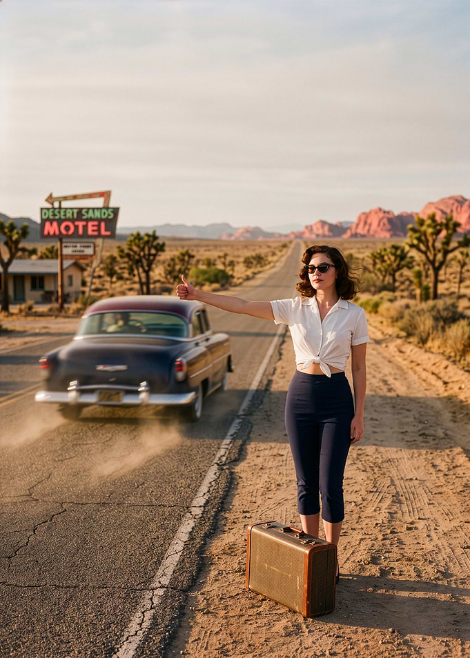 Desert Sands: Vintage Hitchhiker on Desert Road