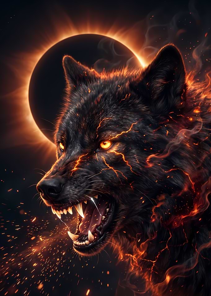Fiery Wolf Under Solar Eclipse