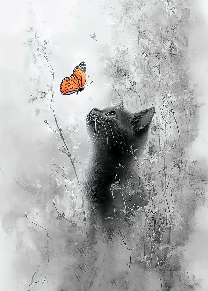 Black Kitten Watching Monarch Butterfly