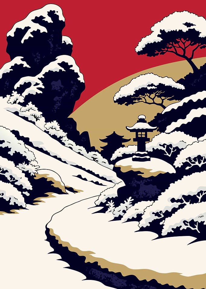 Japanese Snow Garden Ukiyo-e Metal Poster, No Text