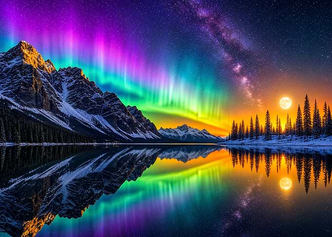 Aurora Borealis Over Snowy Mountain Lake Nature