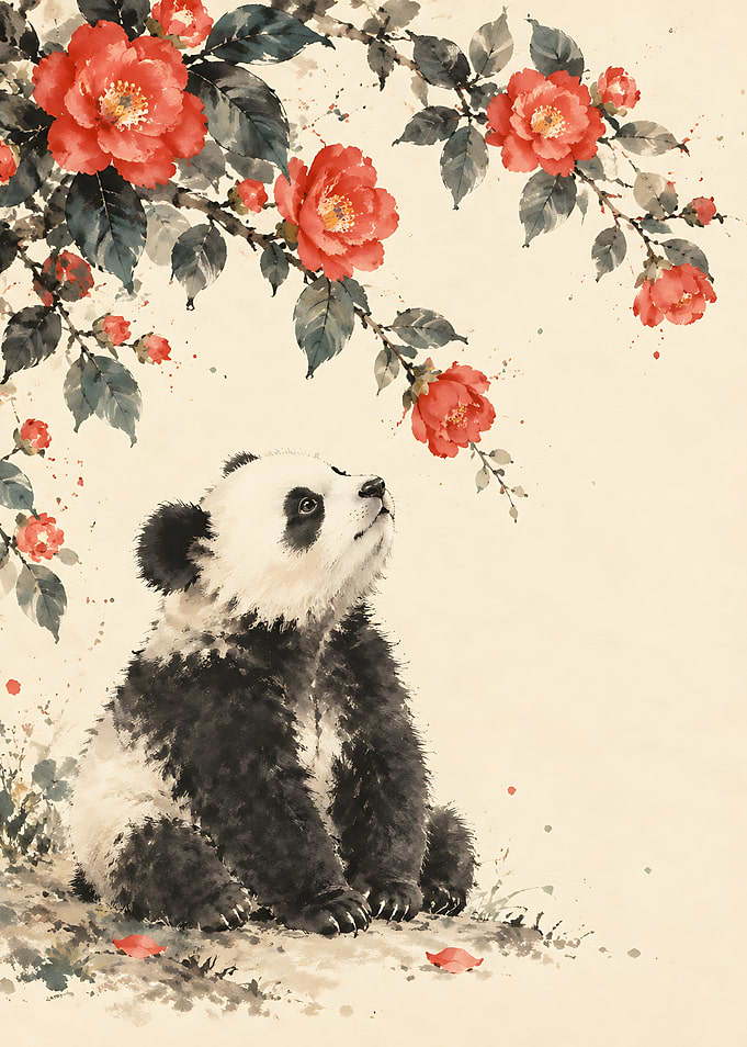Panda Cub Under Red Flowers