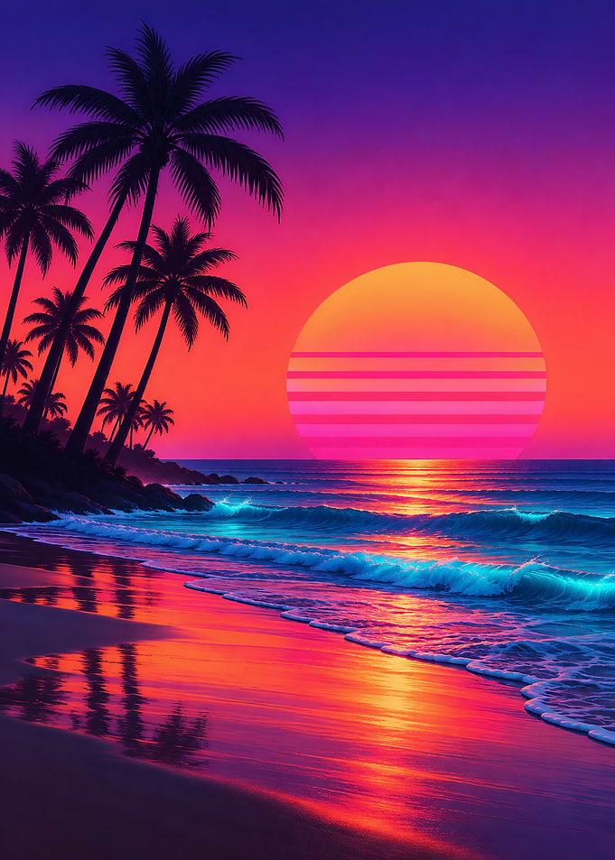 Synthwave Tropical Sunset Beach Scene