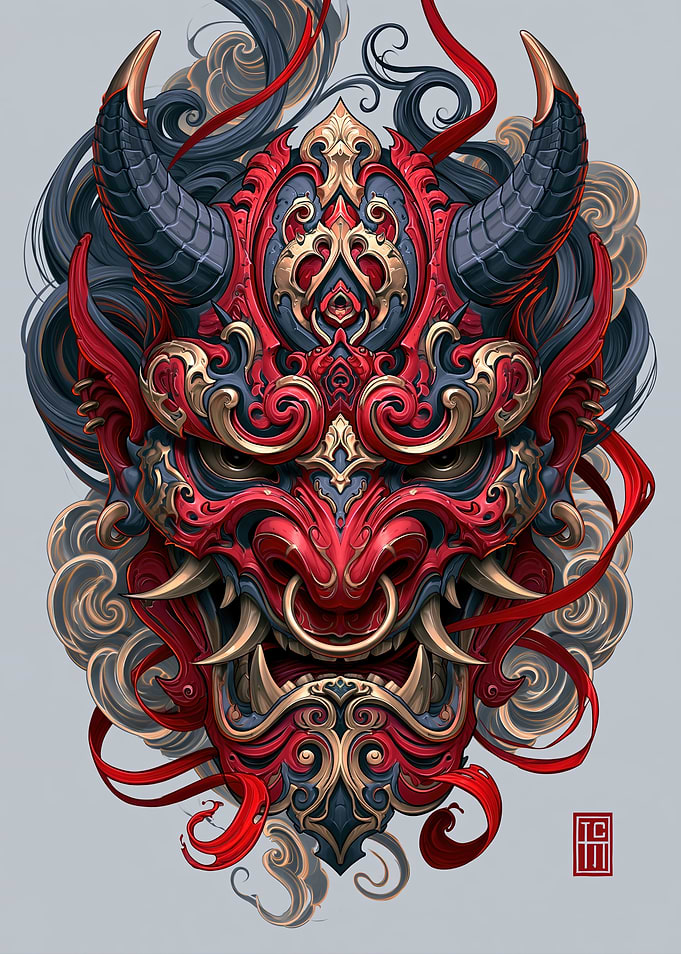 Intricate Red and Gold Oni Mask