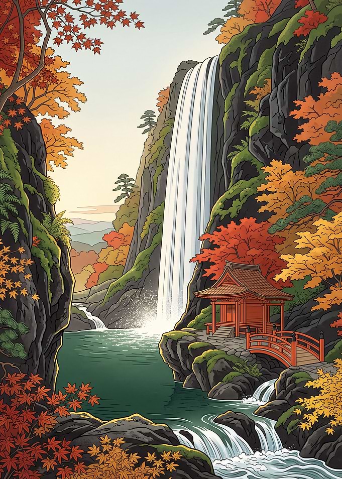 Nihonga Shrine Beneath the Autumn Falls