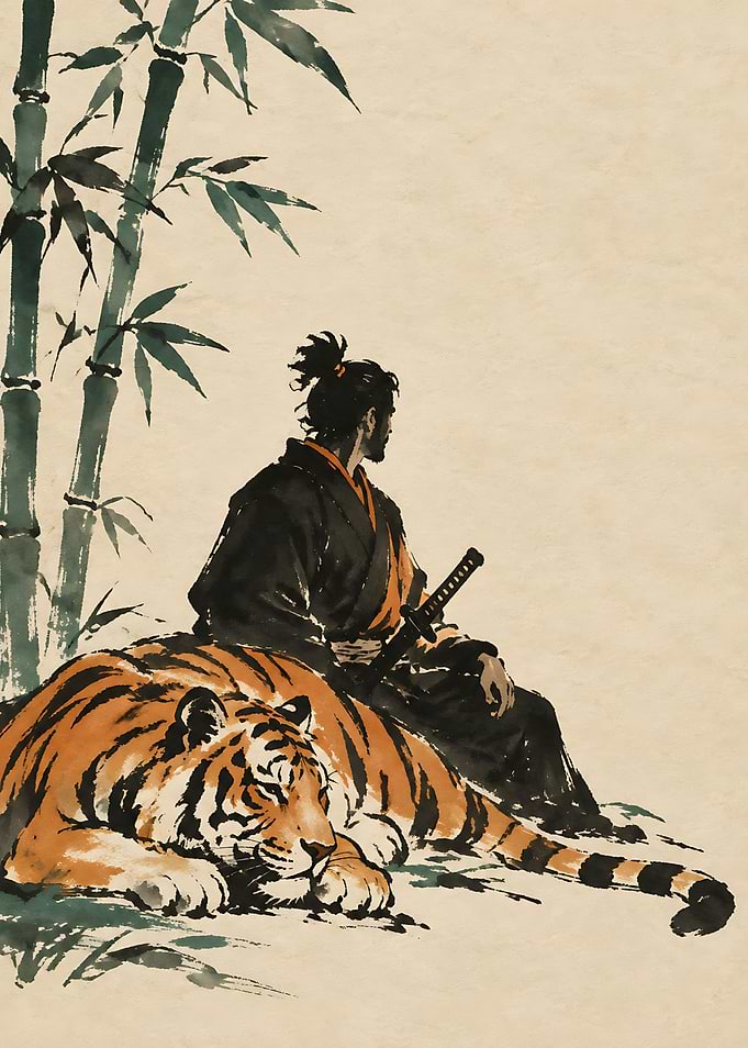 Samurai Resting Beside a Tiger