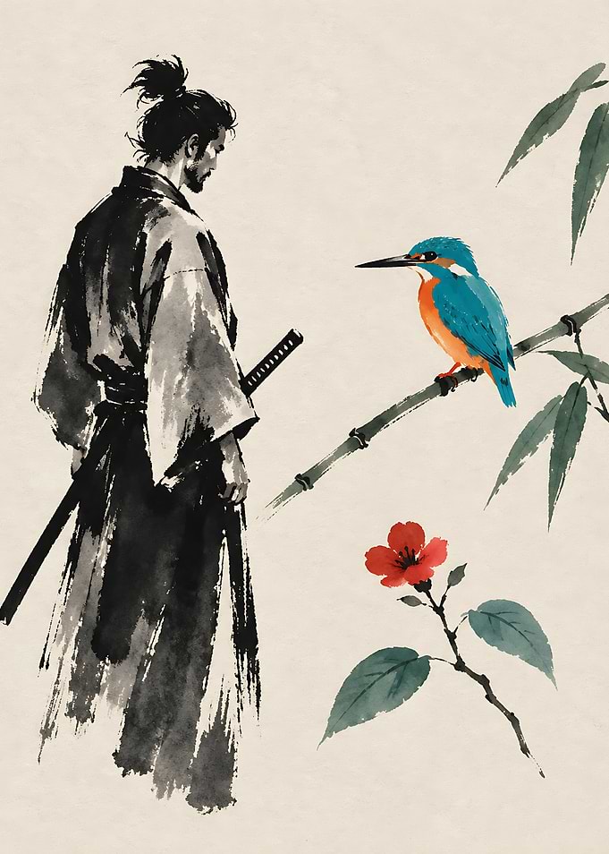 Samurai and Kingfisher Ink Painting