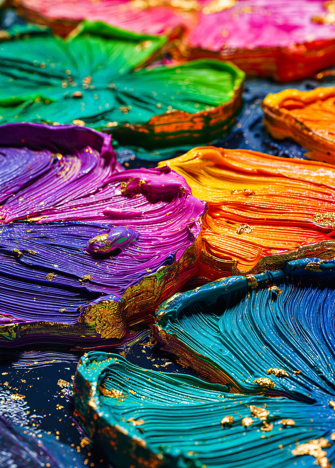 Vibrant Impasto Color Pools With Golden Flecks
