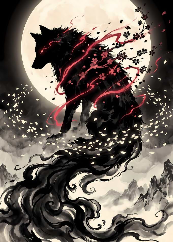 Mystical Black Wolf with Cherry Blossoms