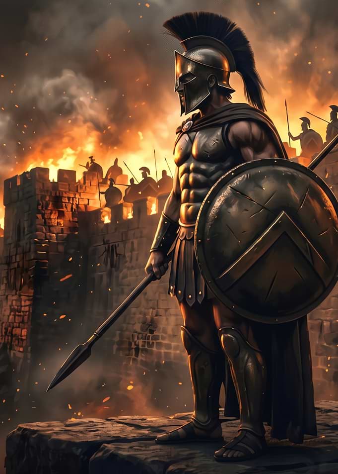 Spartan Warrior Standing Before Burning Fortress