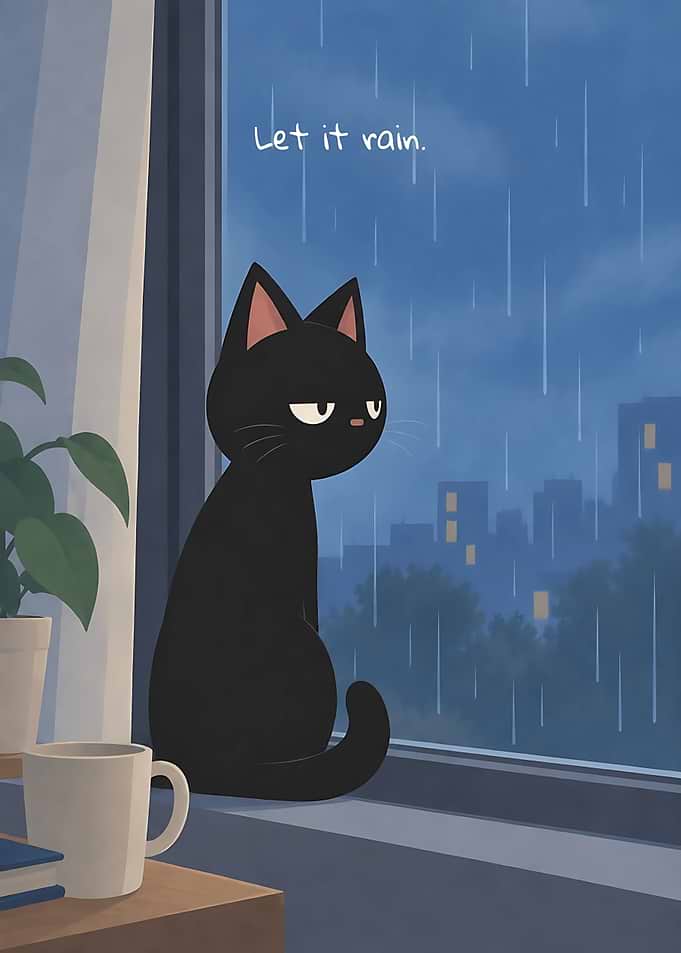 Black Cat Watching Rainy City