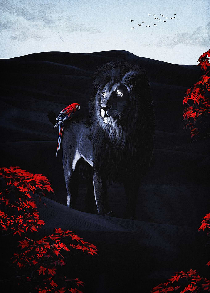 Black Lion Red Parrot Fantasy Art