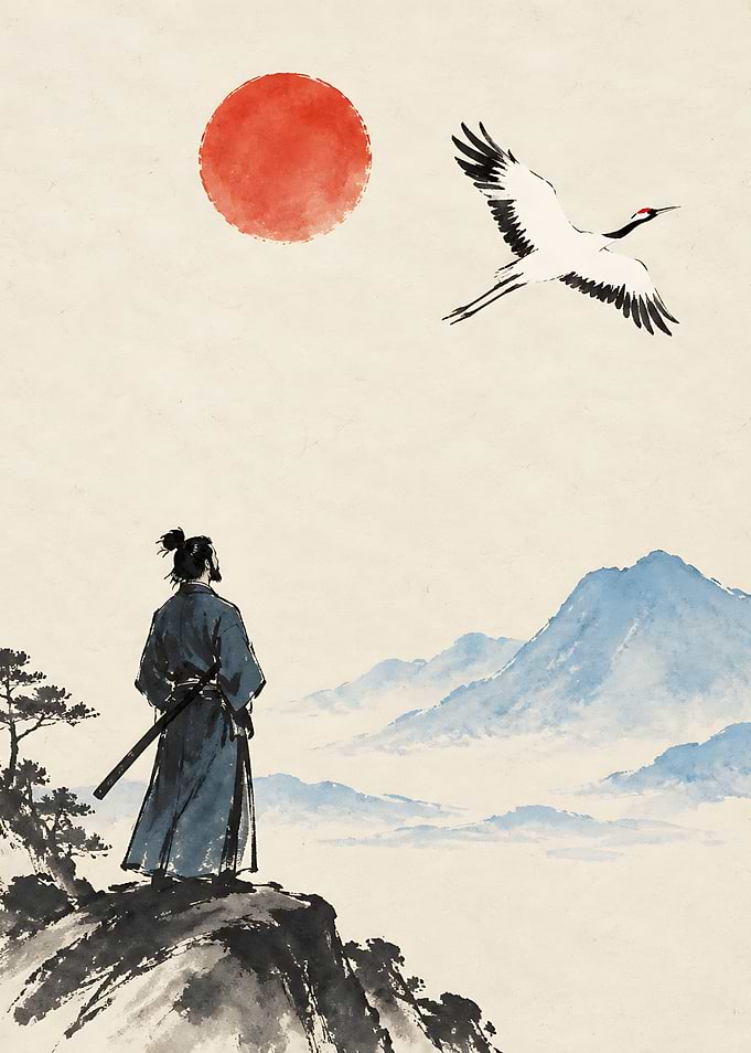 Samurai Watching Crane Under Red Sun