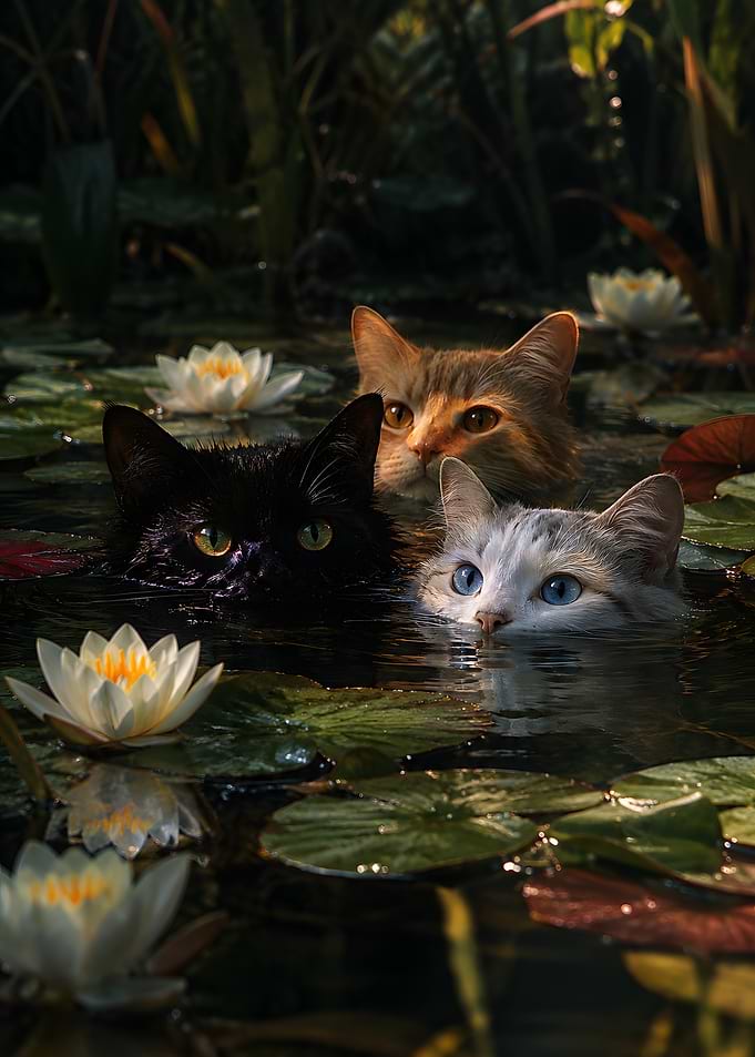 Three Cats Swimming in Pond