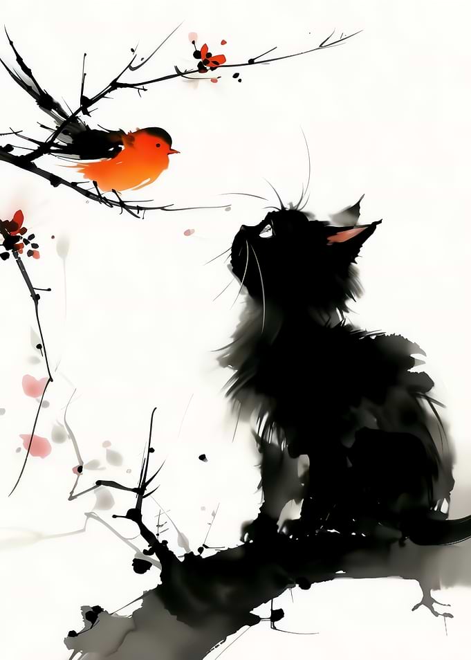 Black Cat Watching Orange Bird
