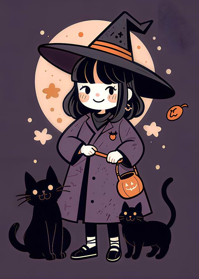 Cute Anime Witch with Black Cats