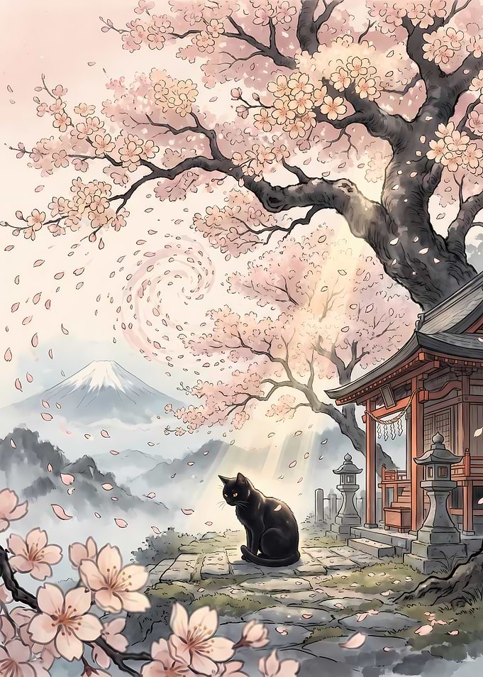 Black Cat at Japanese Shrine