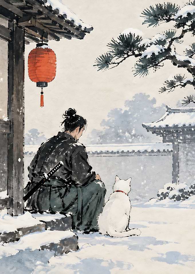 Samurai and Cat in Winter