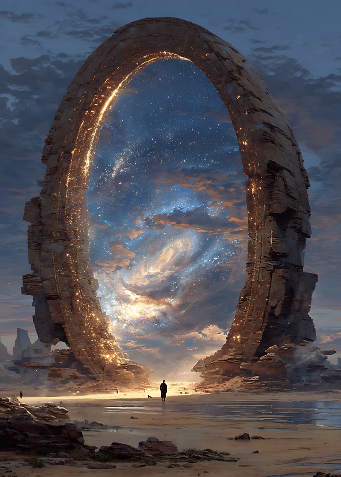 Lone Traveler Before Cosmic Portal